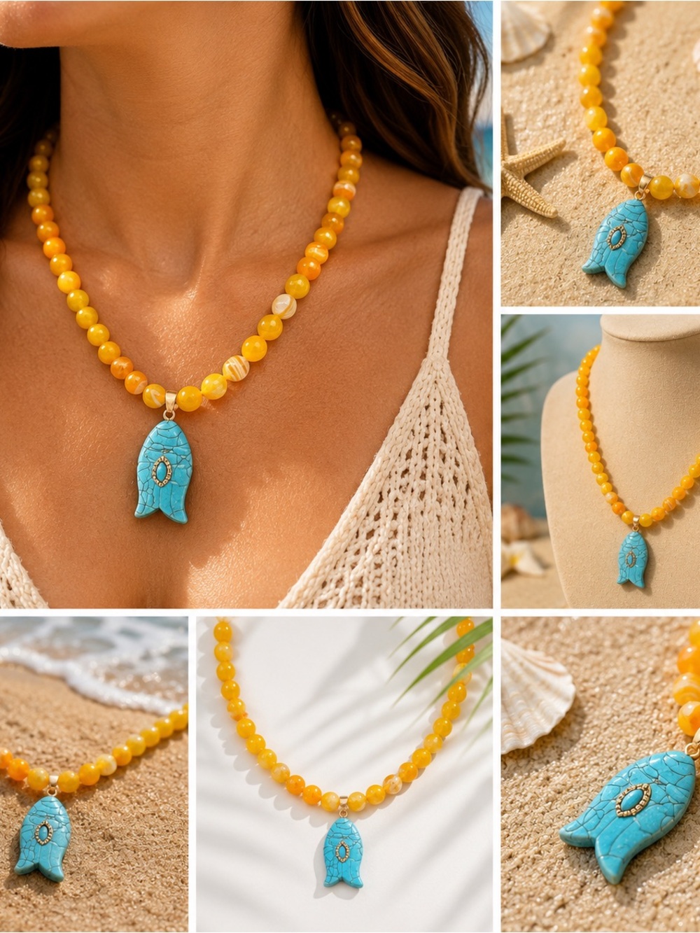 Yellow Beaded Necklace with Turquoise Fish Pendant - Women Jewelry